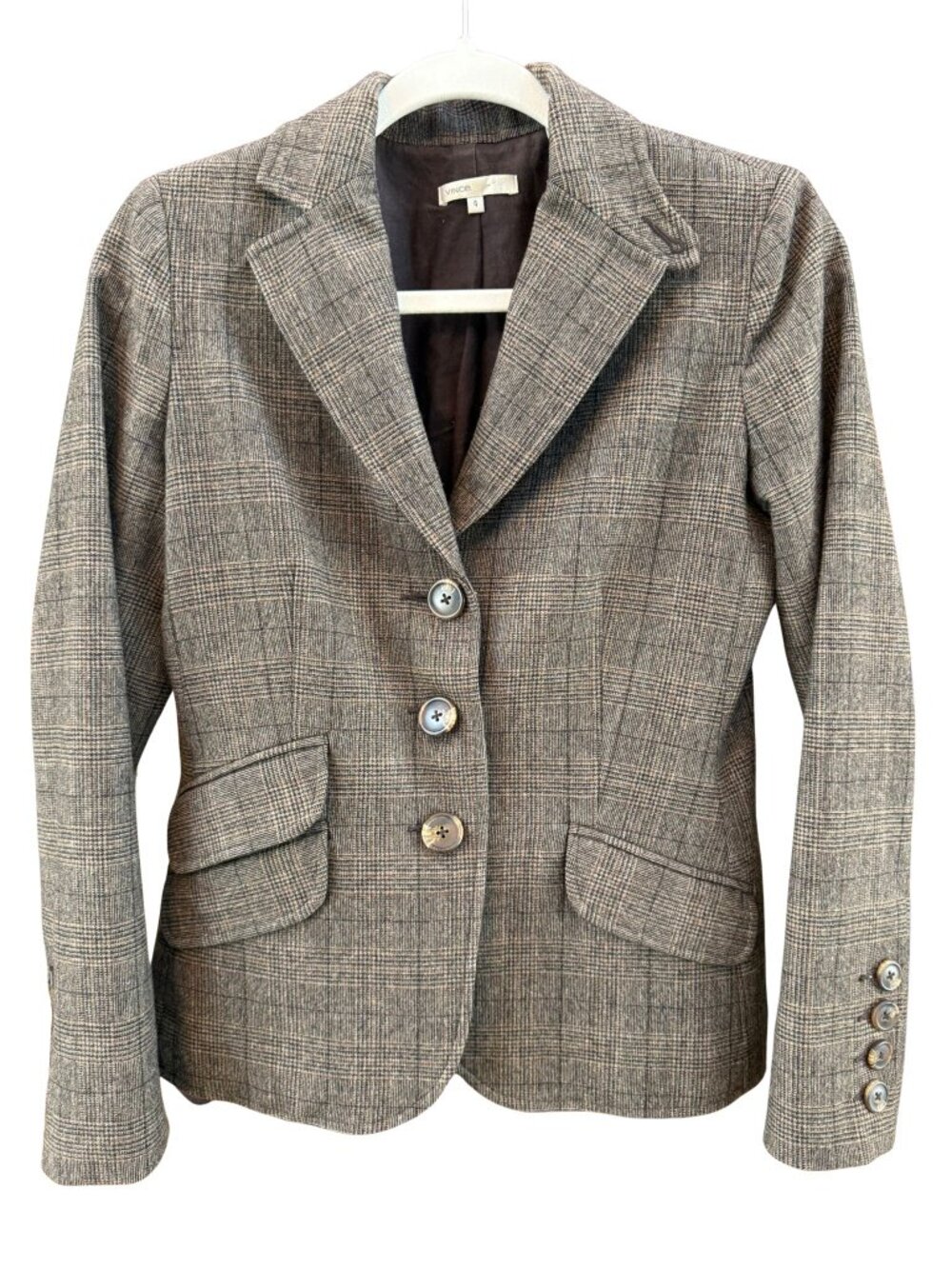 Vince Virgin Wool Glen Plaid Blazer Jacket Womens 4 Brown Career Tailored